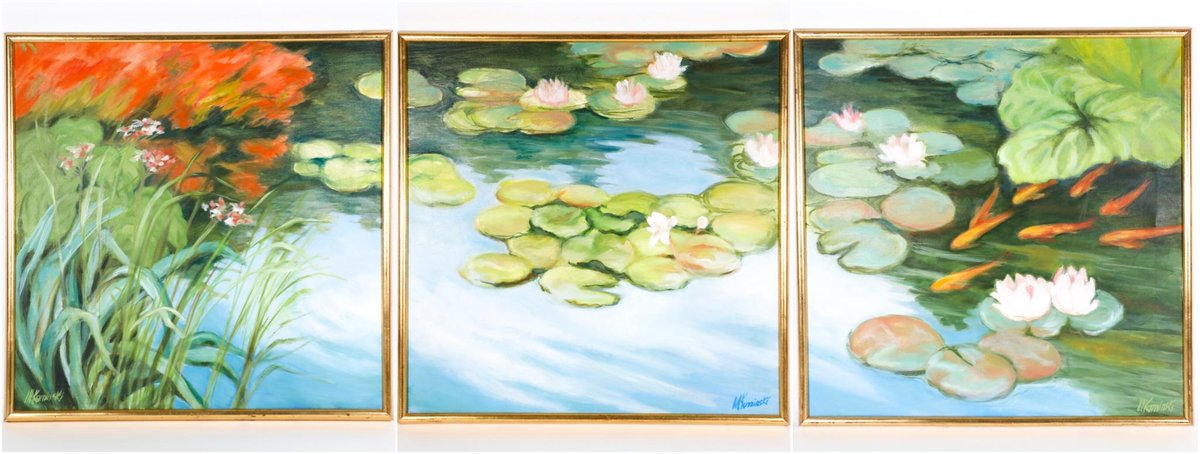 Original Oil on Canvas Triptych of Lily Pond