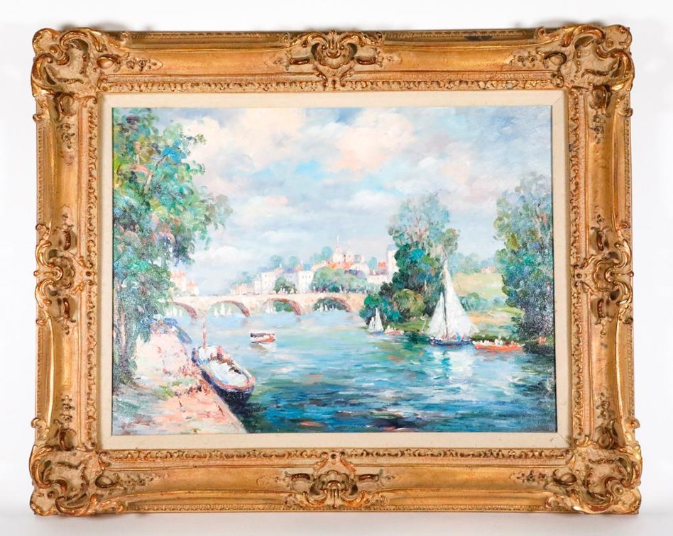 Original Oil on Canvas Boats and Bridge