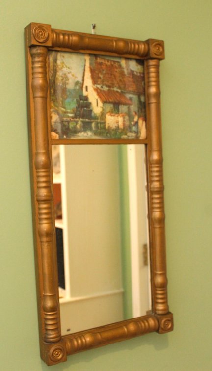 Antiqued Gold Sheraton Style Mirror with Reversed Painting Detail