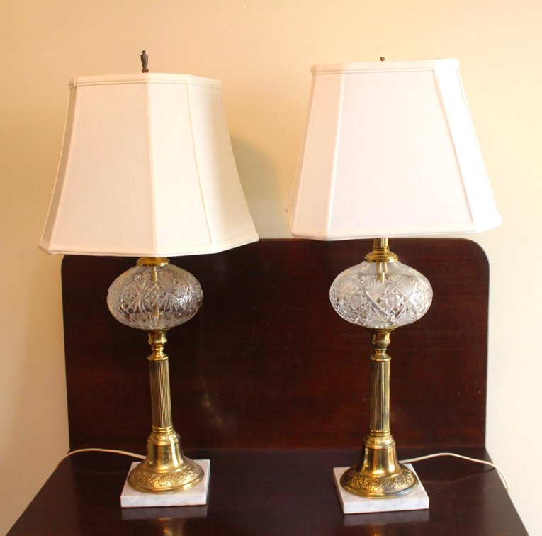 Two Brass and Cut Glass Marble Base Lamps