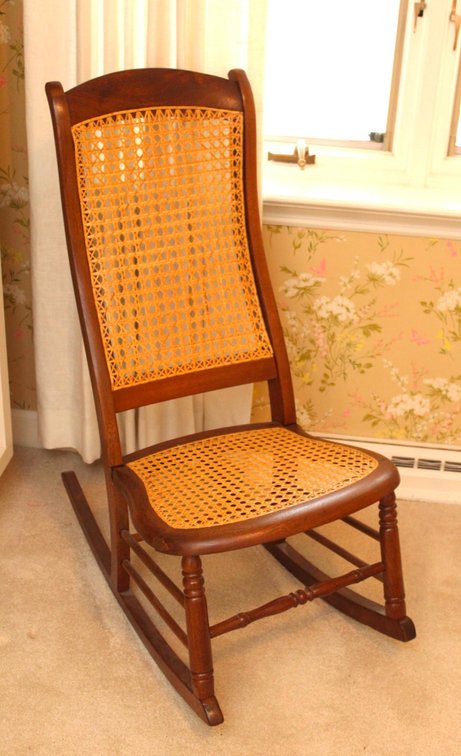 Walnut Sewing/Nursing Rocker with Caned Back and Seat