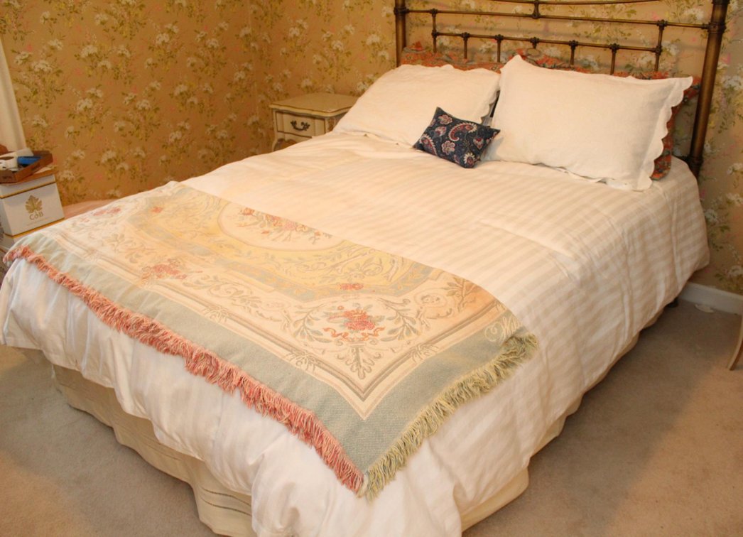 Queen Cast Metal Headboard, Bed and Bedding