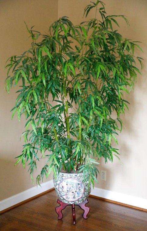 Asian Scene Jardiniere and Faux Bamboo Plant
