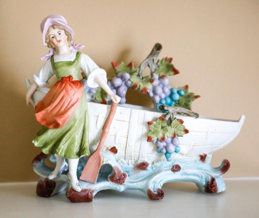 German Porcelain Maiden and Boat Figurine