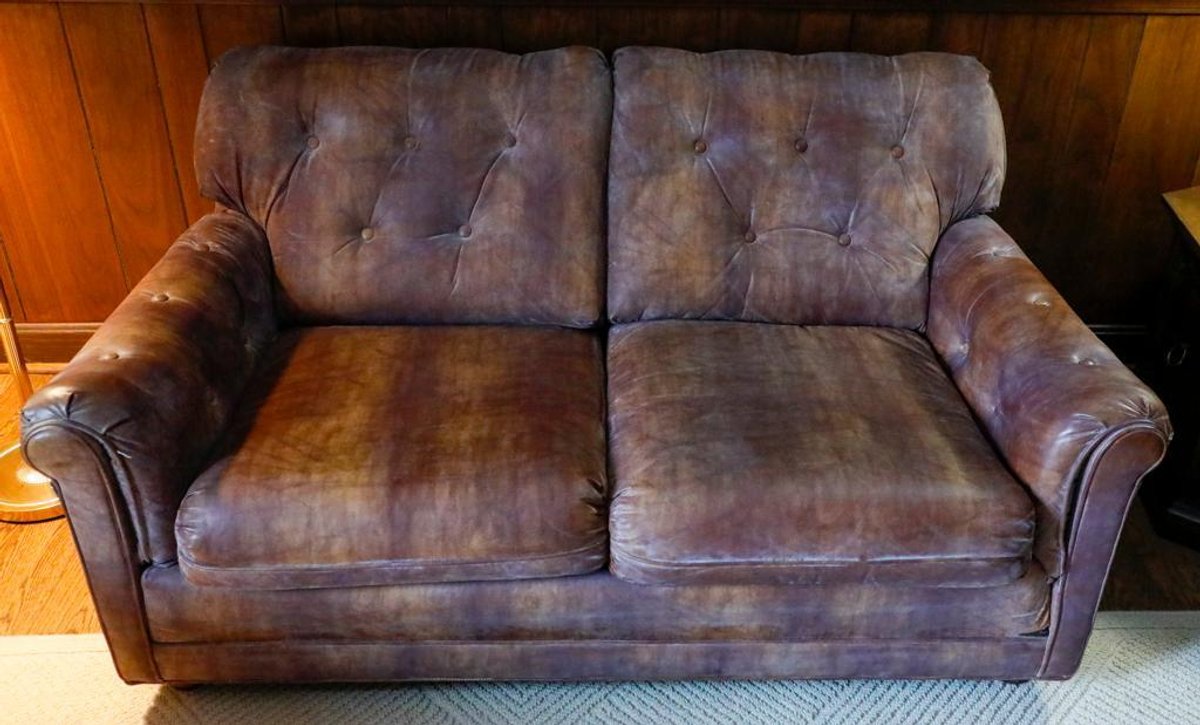 Leather Couch with Button and Tuck Arms and Back