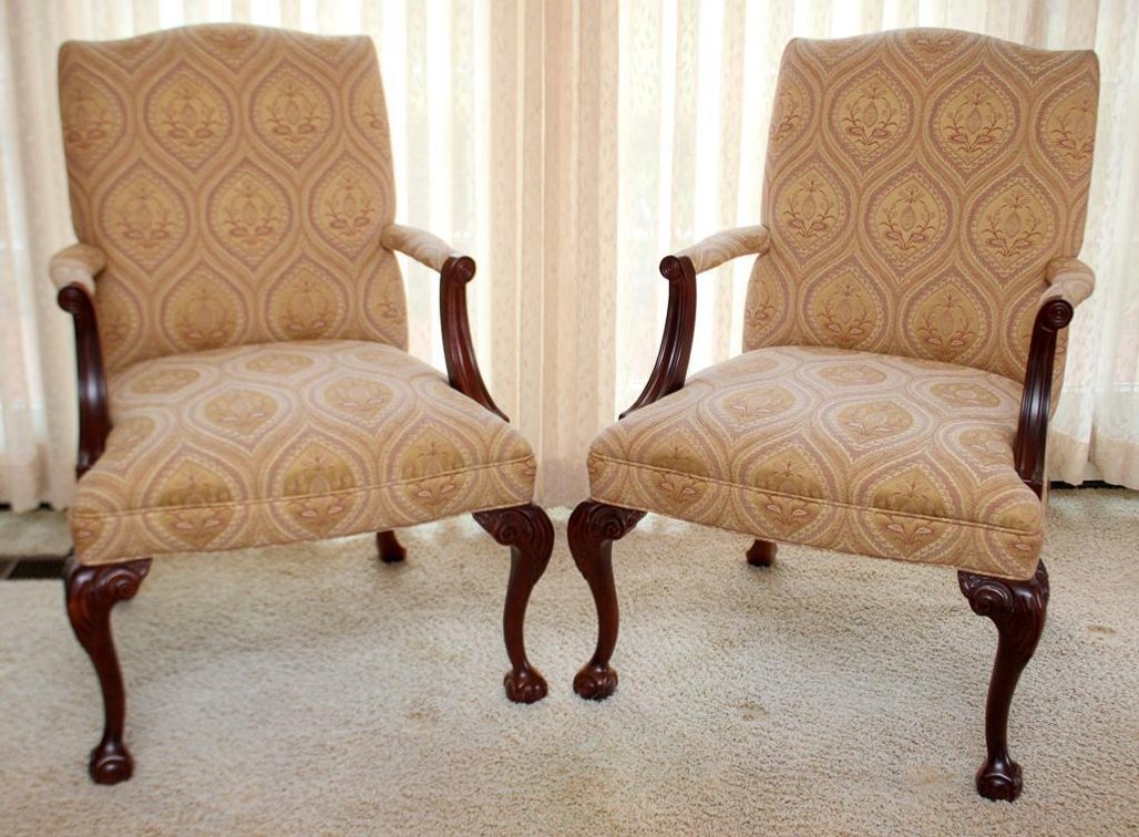 Pair of Pink Floral Brocade Upholstered Armchairs