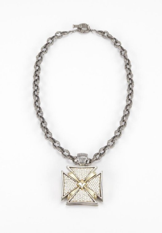 Lagos Caviar Sterling Silver & 18K Gold Diamond Maltese Cross Statement Necklace & Pendant