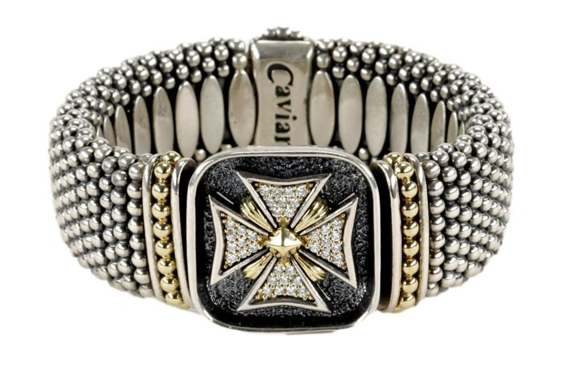 Lagos Caviar Sterling Silver & 18K Gold Diamond Maltese Cross Wide Bracelet