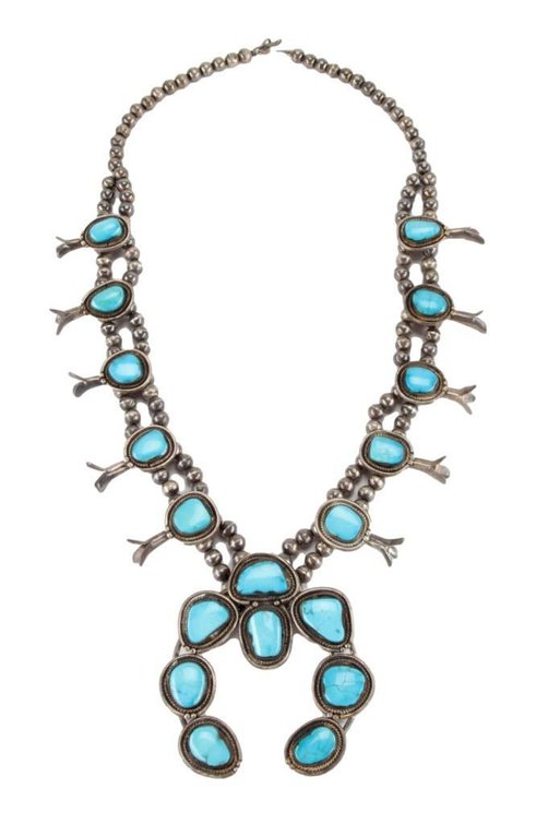 LARGE Vintage Native American Silver & Turquoise Squash Blossom Necklace