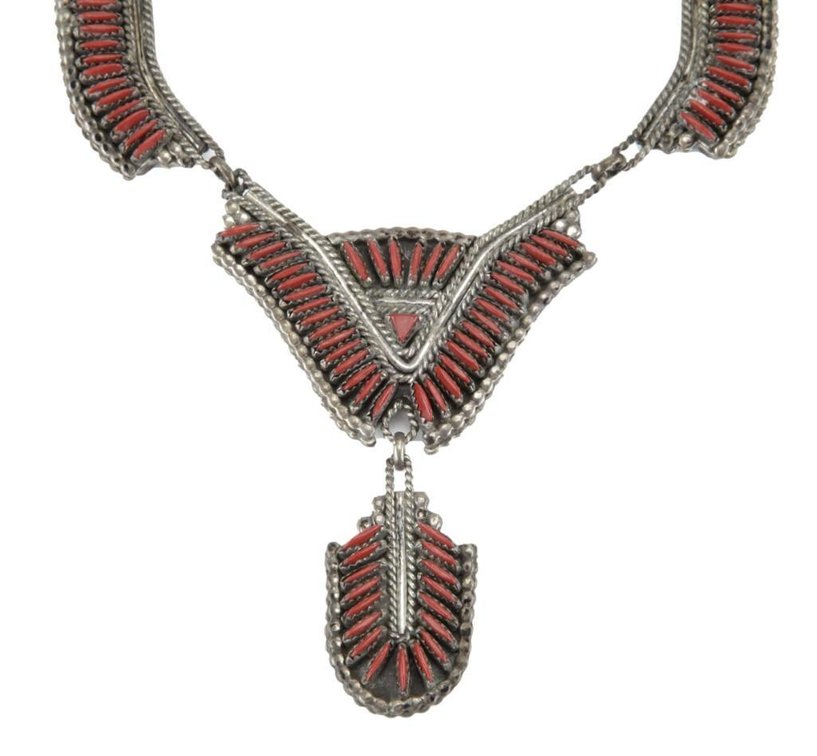 Vintage Native American Silver Reversible Turquoise & Coral Necklace