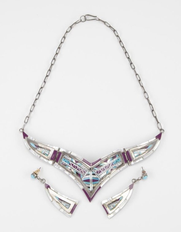 Southwestern Sterling Silver Multi-Stone Inlay Necklace & Earring Set