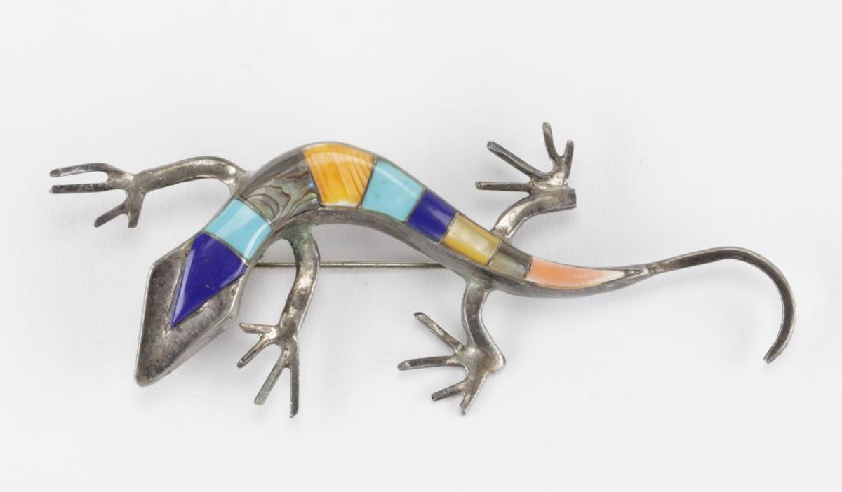 Vintage Native American Sterling Silver Multi-Stone Inlay Gecko Lizard Brooch