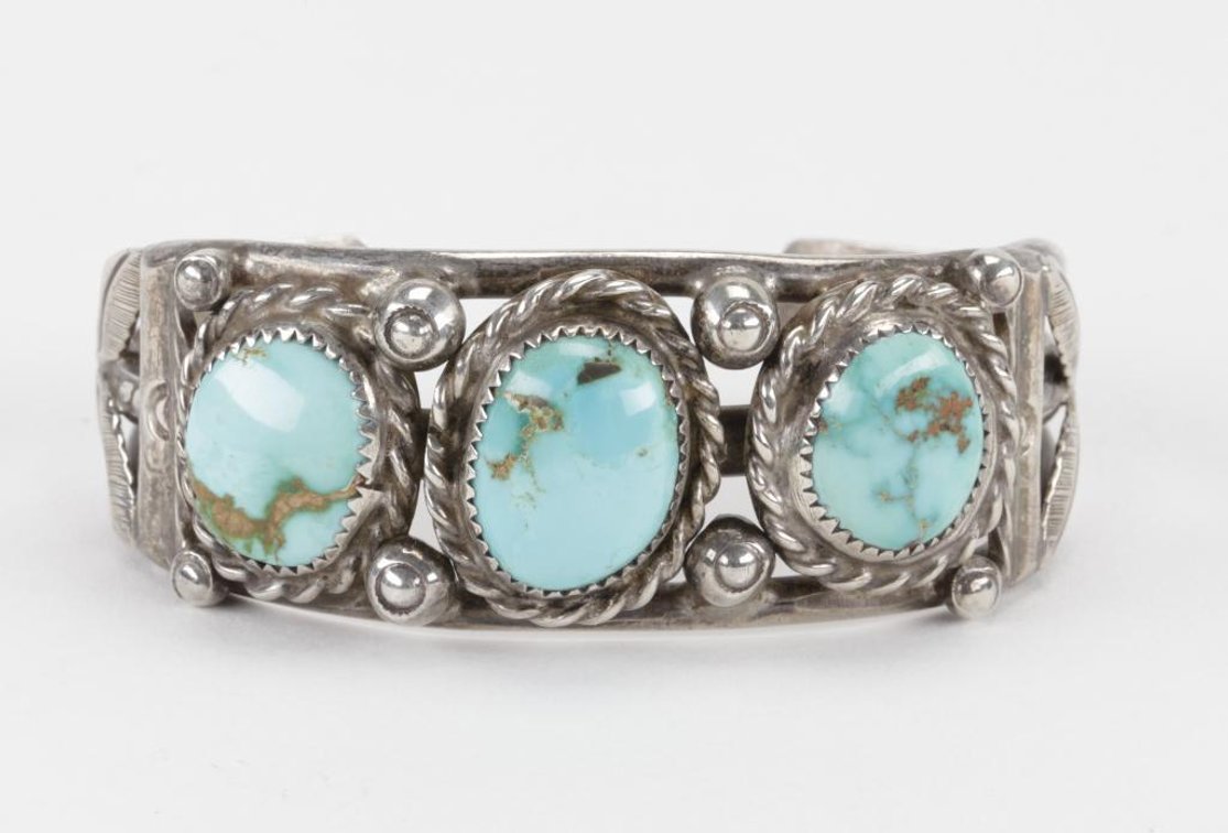 Vintage Native American Old Pawn Sterling Silver Turquoise Cuff Bracelet