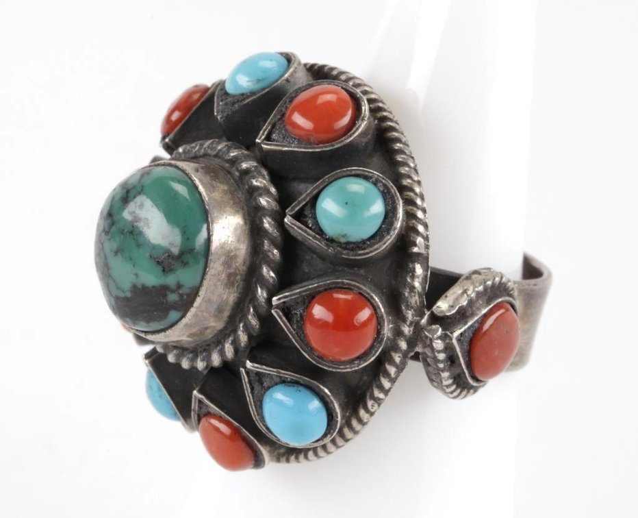 Vintage Nepalese Sterling Silver Turquoise & Red Coral Cluster Ring
