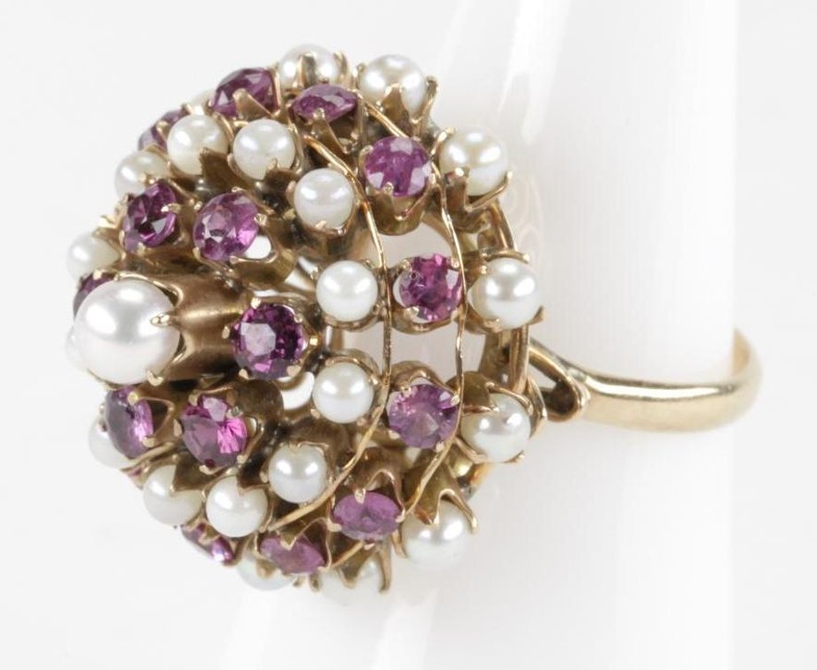 Antique Victorian 18K Yellow Gold Ruby & Cultured Pearl Cluster Ring