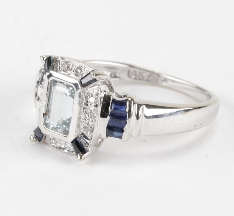 14K White Gold Aquamarine, Sapphire, & Diamond Ring