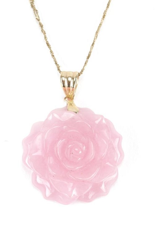 14K Yellow Gold Necklace & Rose Quartz Floral Pendant