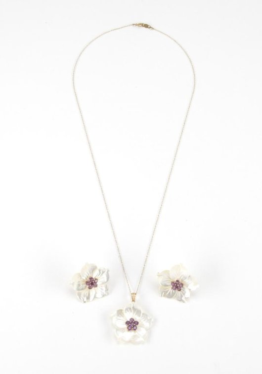 14K Yellow Gold Mother-of-Pearl & Amethyst Floral Necklace Earring Set