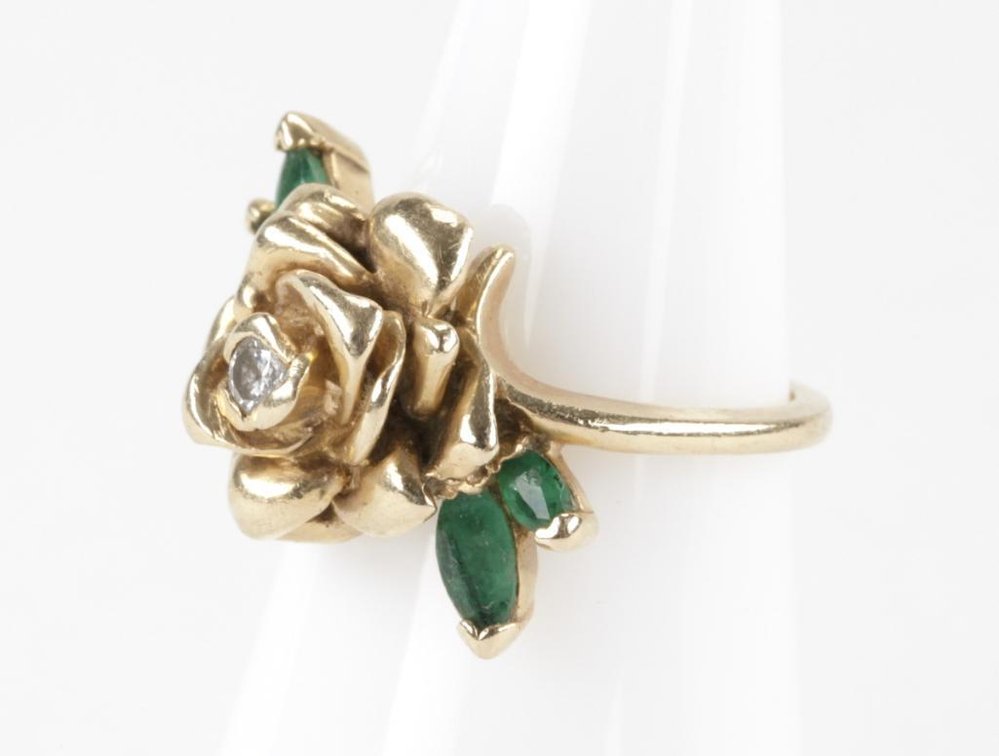 14K Yellow Gold Diamond & Emerald Floral Ring