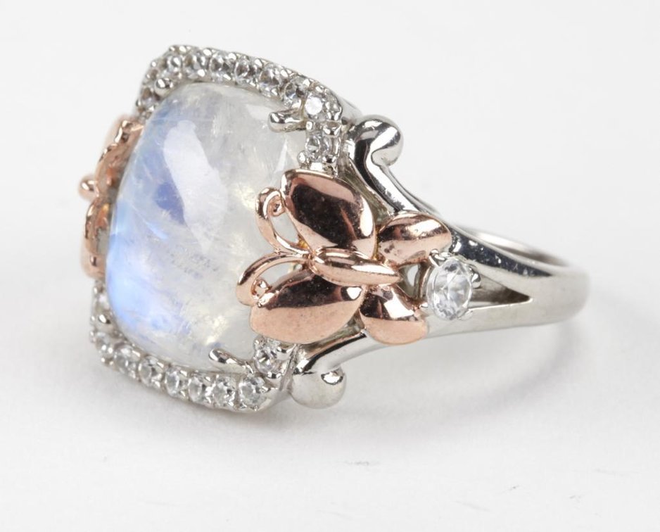 Sterling Silver Moonstone & White Topaz Ring with Butterfly Accents