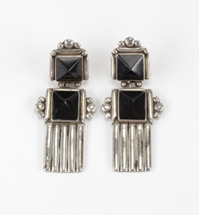 Mexican Sterling Silver Modern Black Onyx Dangle Earrings