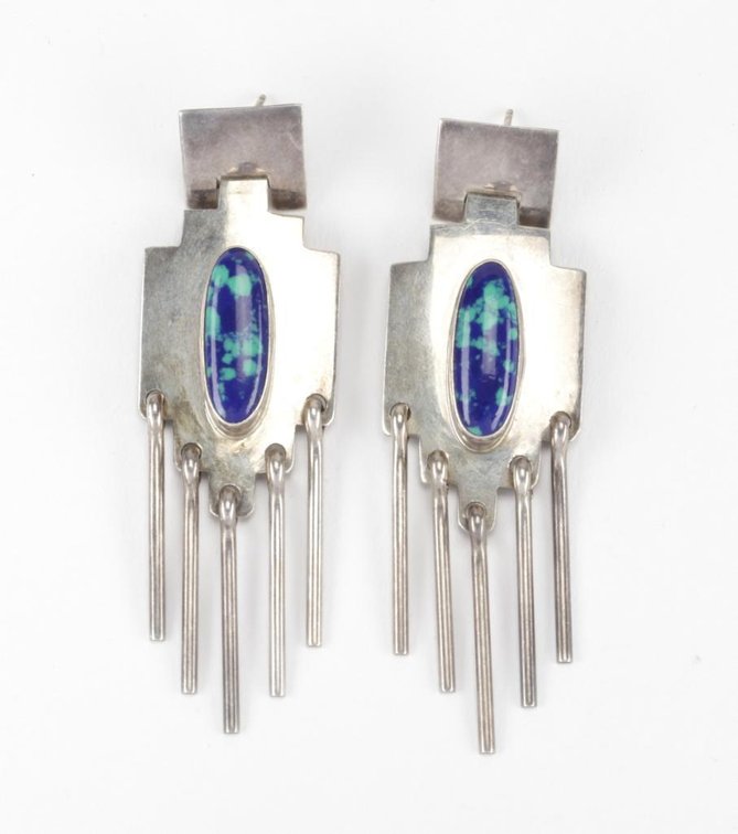 H. Lewis Sterling Silver Azurite Cabochon Fringe Earrings 