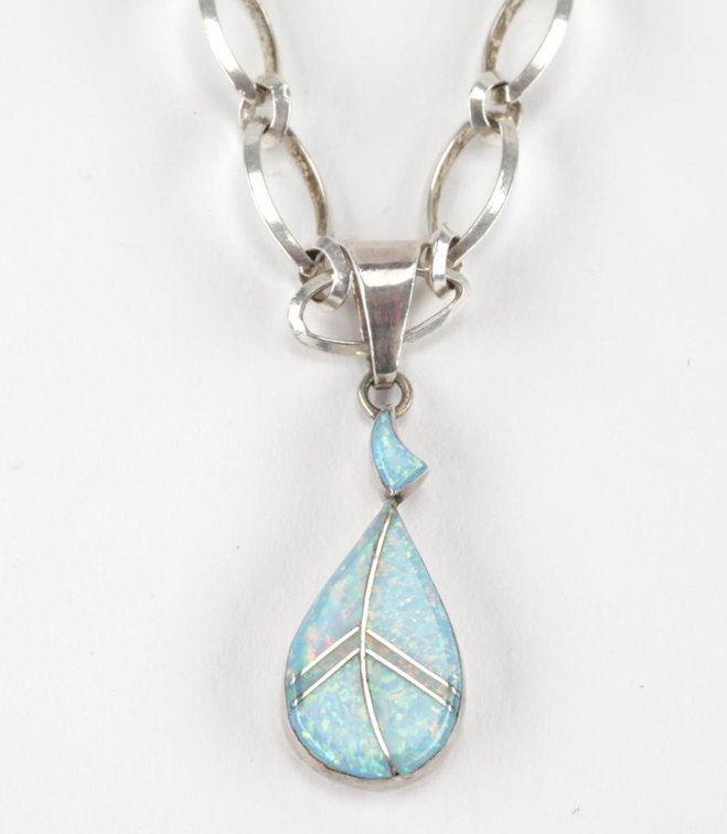 Signed BF Native American Sterling Silver Opal Pendant with Necklace