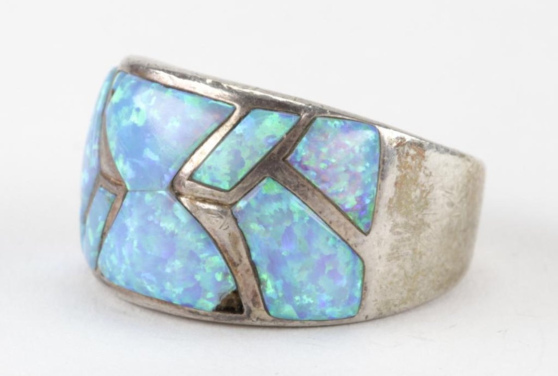 Modern Design Sterling Silver Blue Opal Inlay Ring