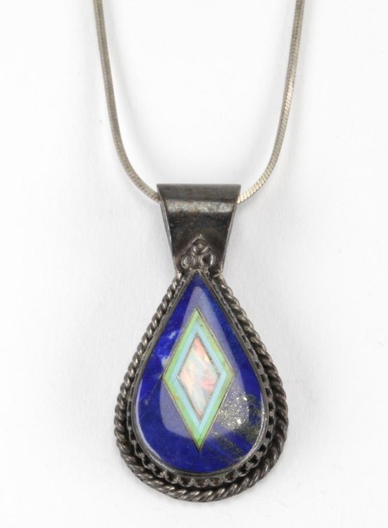 Southwestern Sterling Silver  Multi-Stone Inlay Pendant with Necklace