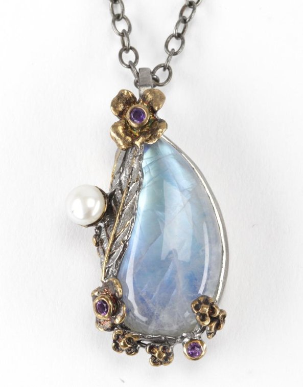 Sterling Silver Labradorite, Cultured Pearl, & Amethyst Necklace 