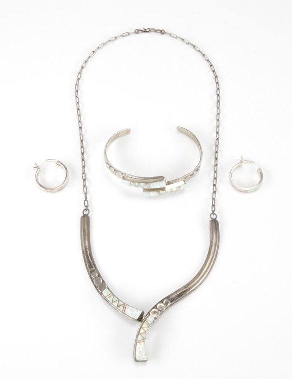 Navajo Ben Livingston Sterling Silver Opal Bypass Jewelry Set