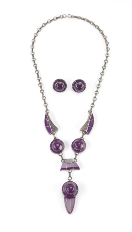 Navajo Julius Manuelito Sterling Silver Charoite Inlay Link Necklace & Earrings