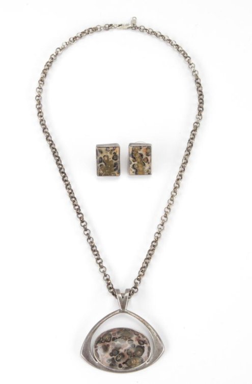Modern Style Sterling Silver Leopard Jasper Necklace & Earring Set