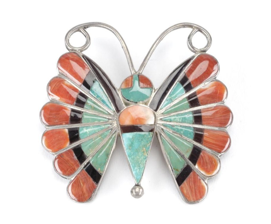 Zuni Sara Edaakie Sterling Silver Turquoise & Red Coral Inlay Butterfly Brooch/Pendant