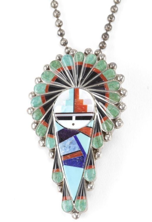 Zuni Stanford & Geraldine Gchachu Sterling Silver Multi-Stone Inlay Sun Face Kachina Necklace