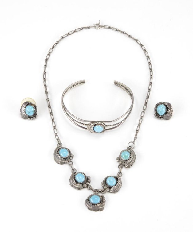 Vintage Navajo Sterling Silver Turquoise Jewelry Set