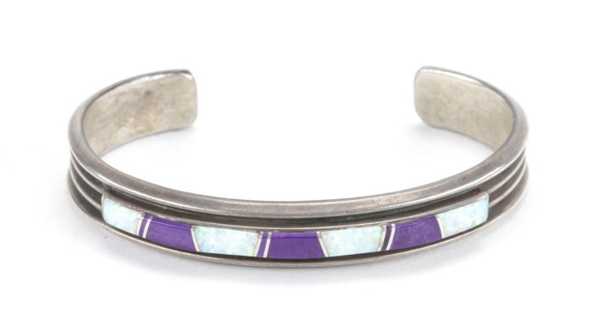 Navajo Sterling Silver Opal & Charoite Inlay Cuff Bracelet