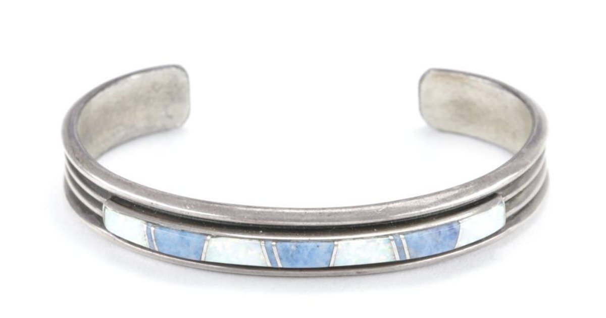 Navajo Sterling Silver Opal & Denim Lapis Inlay Cuff Bracelet