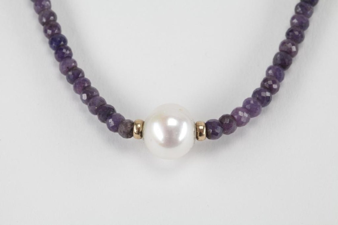 Amethyst Bead & Cultured Pearl Necklace with 14K Yellow Gold