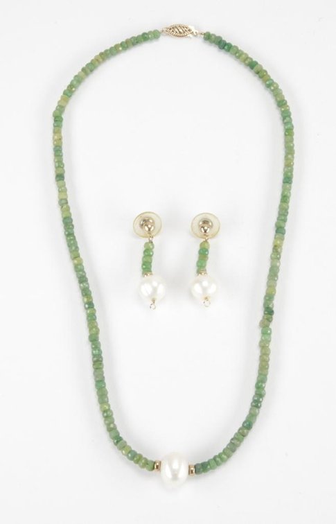 Emerald Green Tanzurine Bead & Cultured Pearl Necklace & Earrings with 14K Yellow Gold