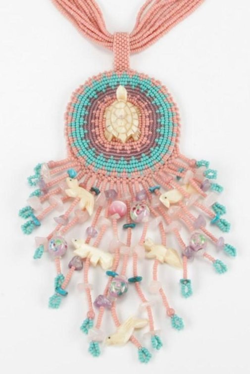 HUGE Navajo Rena Charles Pink Beaded Fetish Statement Necklace