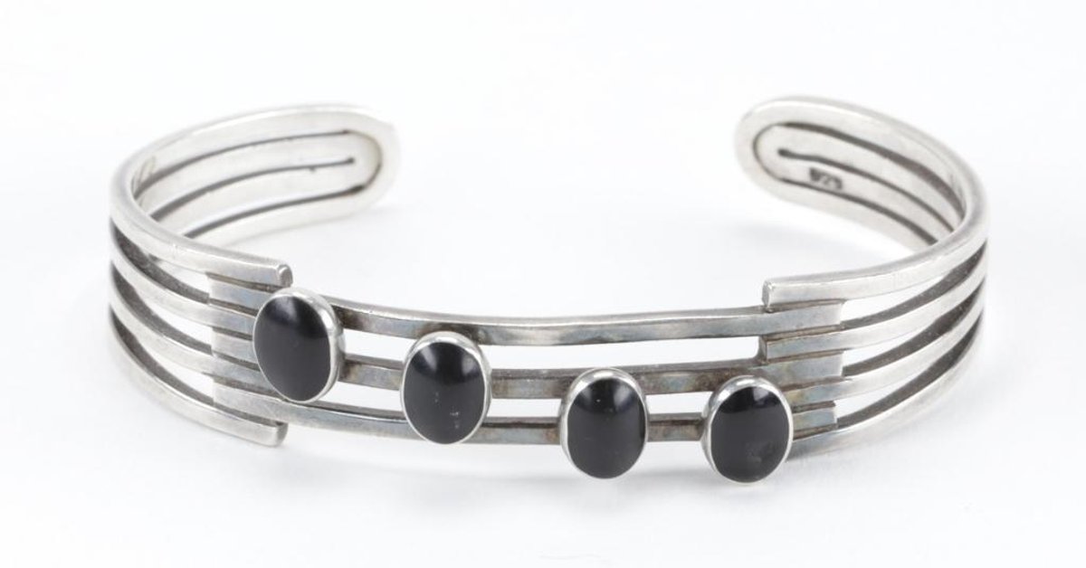 Modernist Sterling Silver Black Onyx Cuff Bracelet