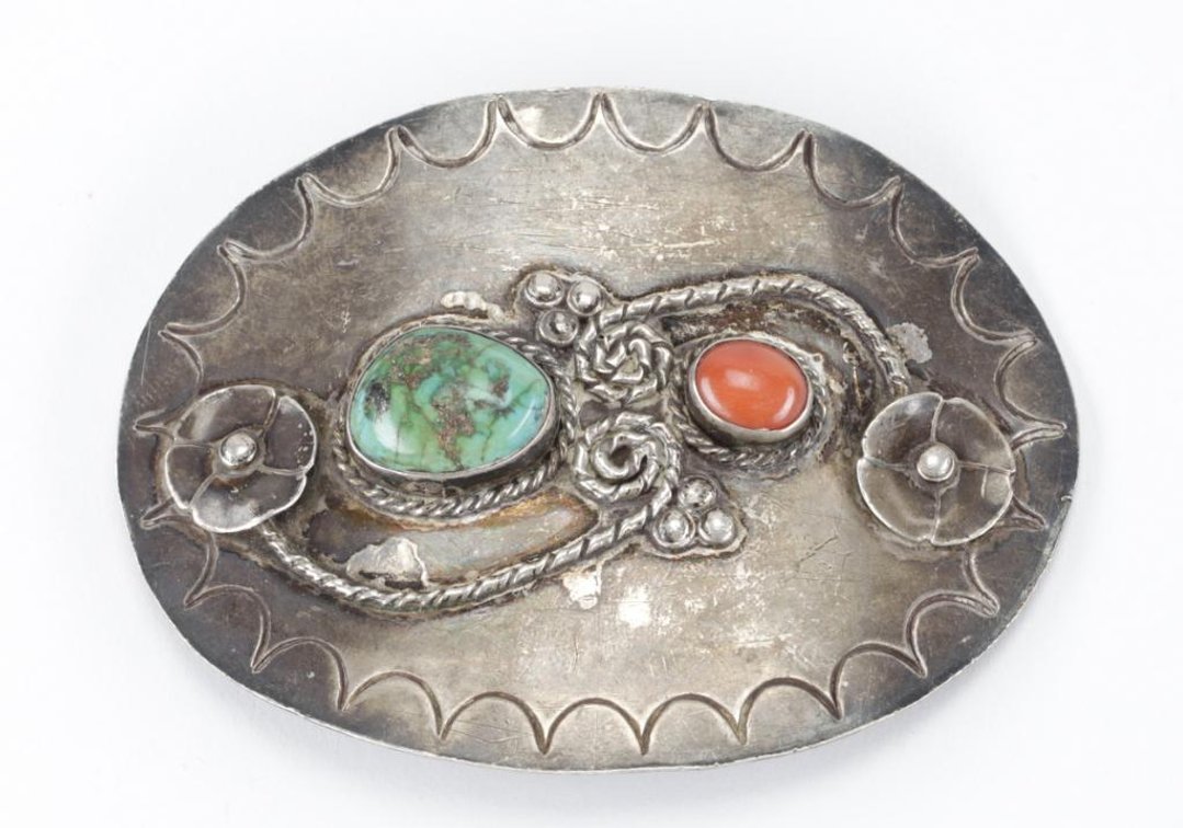 Vintage Native American Old Pawn Sterling Silver Turquoise & Red Coral Belt Buckle