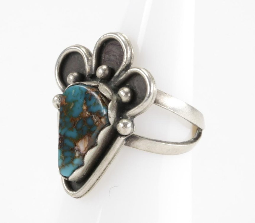 Vintage Native American Old Pawn Sterling Silver Turquoise Bear Paw Ring