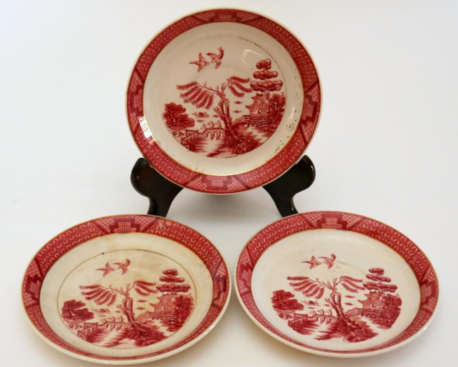 Three Double Phoenix Ironstone Red Saucers