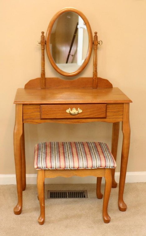 Oak Vanity with Mirror and Stool