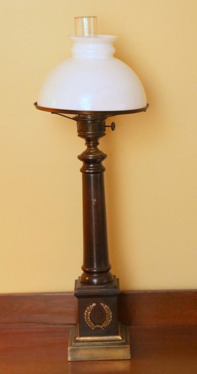 Brass and Wood Lamp with Milk Glass Shade