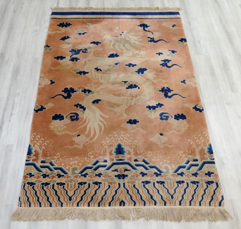 Vintage Hand Knotted Tibetan "Khaden" Dragon Temple Rug