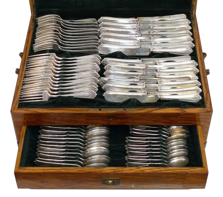 Twelve 8-Piece Sterling Silver International "Leicester" Place Setting Flatware Set in Original Oak Chest