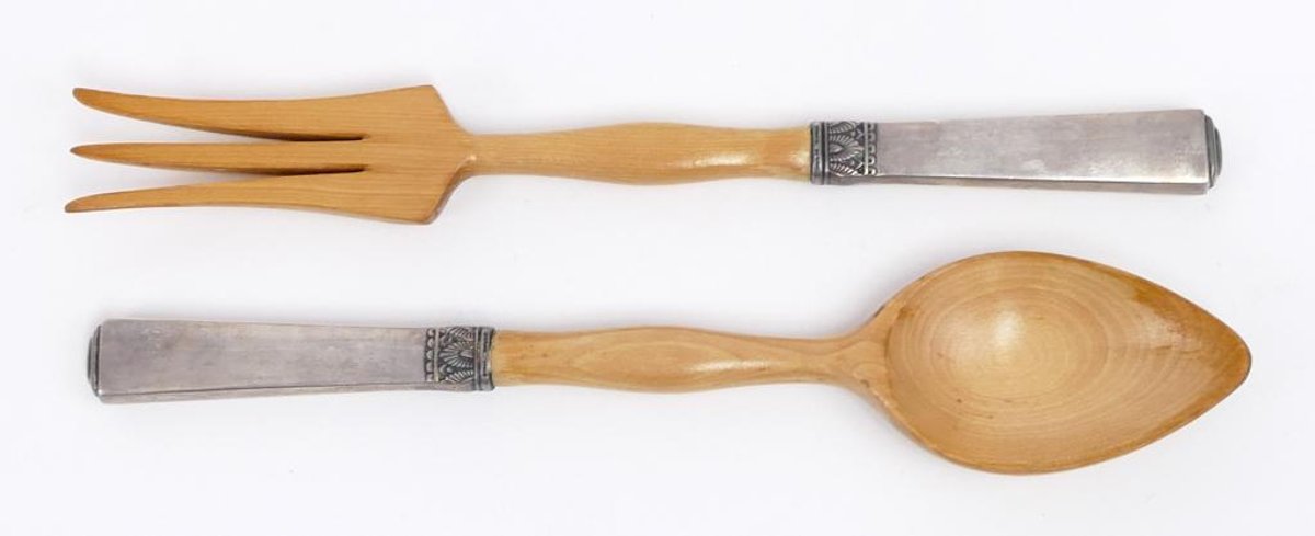 Vintage Sterling Silver Handled Wood Salad Serving Set